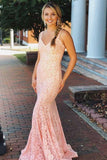 Mermaid V-neck Sleeveless Pink Lace Backless Prom Dress Beading  PG749