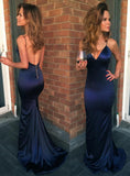 Mermaid V Neck Spaghetti Straps Navy Blue Elastic Satin Long Prom Dresses PG795 - Pgmdress