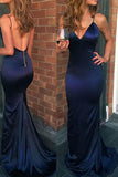 Mermaid V Neck Spaghetti Straps Navy Blue Elastic Satin Long Prom Dresses PG795 - Pgmdress