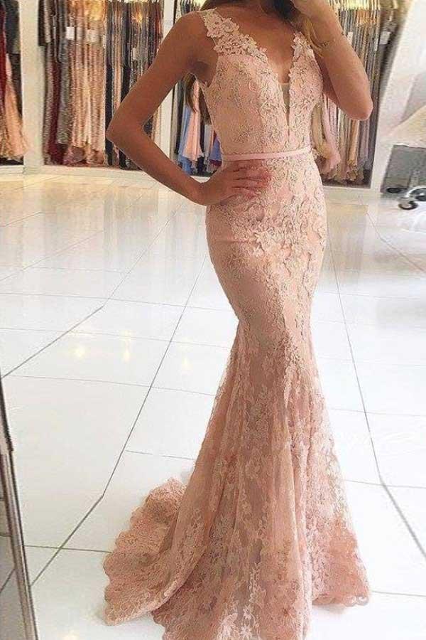 Mermaid V-Neck Sweep Train Pink Lace Prom Dress with Beading PG460 - Pgmdress