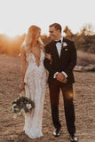 Mermaid/Trumpet Deep V-neck Lace Boho Wedding Dress Bridal Gown WD524 - Pgmdress