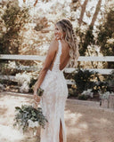 Mermaid/Trumpet Deep V-neck Lace Boho Wedding Dress Bridal Gown WD524 - Pgmdress