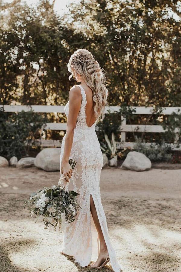 Mermaid/Trumpet Deep V-neck Lace Boho Wedding Dress Bridal Gown – Pgmdress