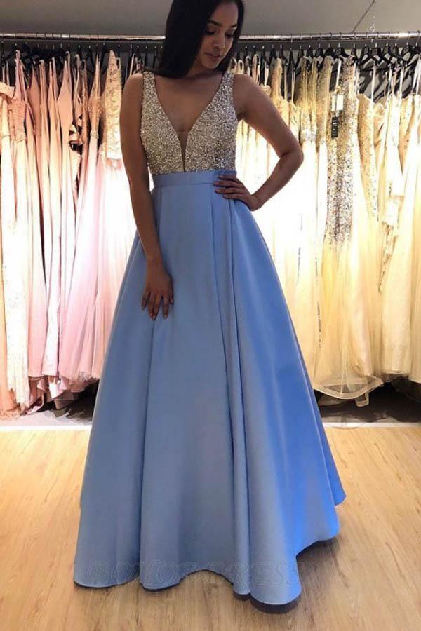 Modest V-neck Sleeveless Floor-Length Blue Prom Dress with Beading PSK081 - Pgmdress