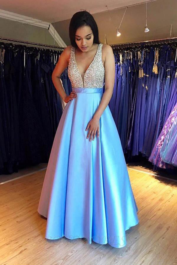 Modest V-neck Sleeveless Floor-Length Blue Prom Dress with Beading PSK081 - Pgmdress