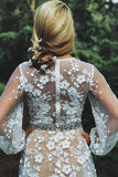 Modest V-neck White Lace Long Sleeves Wedding Dress with Beading WD330 - Pgmdress