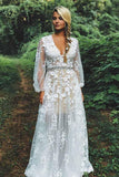 Bescheidenes Brautkleid mit V-Ausschnitt, weißer Spitze, langen Ärmeln und Perlenstickerei WD330