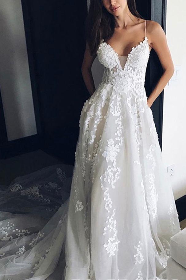Deep V Neck Spaghetti Straps Beach Wedding Dress Bridal Gown WD556 - Pgmdress