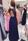 Navy Blue Beading Chiffon Long Prom Dress with Open Back PG828 - Pgmdress