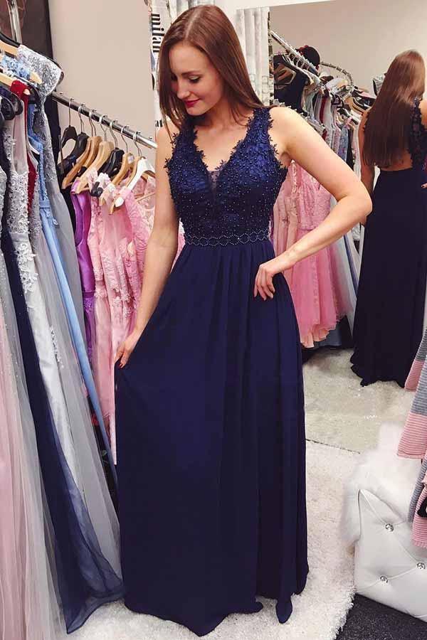 Navy Blue Beading Chiffon Long Prom Dress with Open Back PG828 - Pgmdress