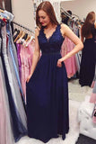 Navy Blue Beading Chiffon Long Prom Dress with Open Back PG828