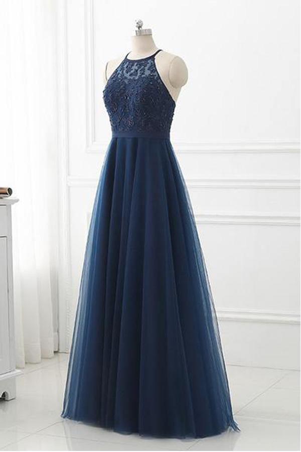Navy Blue Lace High Neck Tulle Long Prom Dress Evening Dresses US0 / Custom Color Navy Blue Lace High Neck Tulle Long Prom Dress Evening Dresses US0 / Custom Color