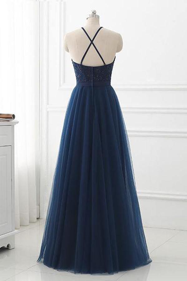 Navy Blue Lace High Neck Tulle Long Prom Dress Evening Dresses Pgmdress Navy Blue Lace High Neck Tulle Long Prom Dress Evening Dresses Pgmdress