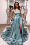 Navy Blue Long Prom Dresses with Pockets Split Evening Dresses PSK188 - Pgmdress