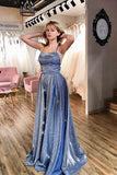 Navy Blue Long Prom Dresses with Pockets Split Evening Dresses PSK188