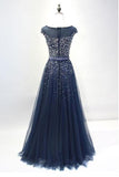 Navy Blue Round Neck Tulle Sequins Full Length Prom Dresses PSK101 - Pgmdress