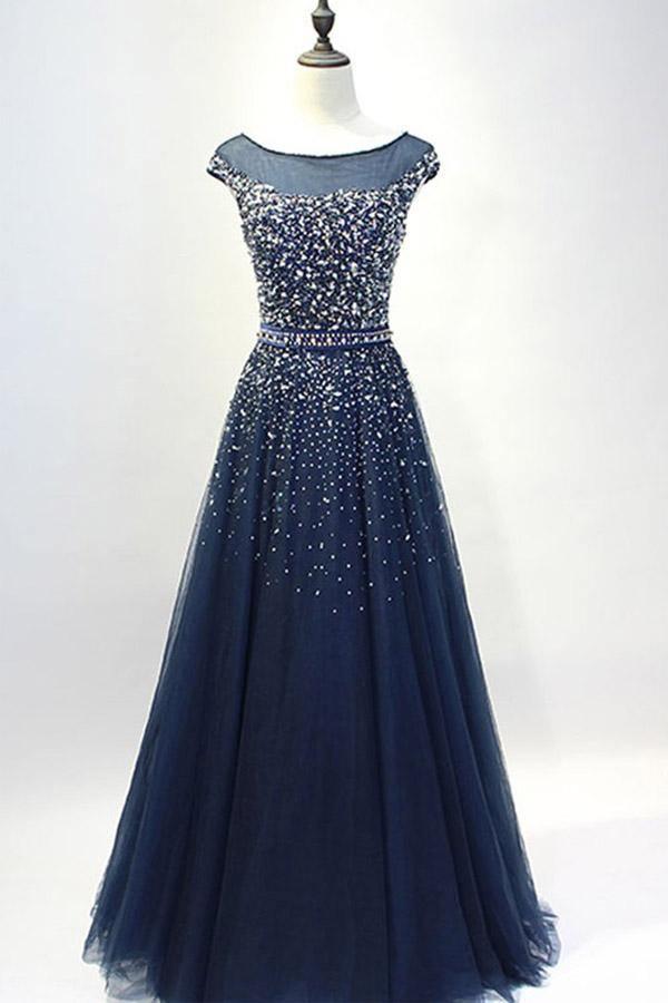 Navy Blue Round Neck Tulle Sequins Full Length Prom Dresses PSK101 - Pgmdress
