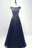 Navy Blue Round Neck Tulle Sequins Full Length Prom Dresses  PSK101