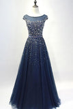 Navy Blue Round Neck Tulle Sequins Full Length Prom Dresses PSK101 - Pgmdress