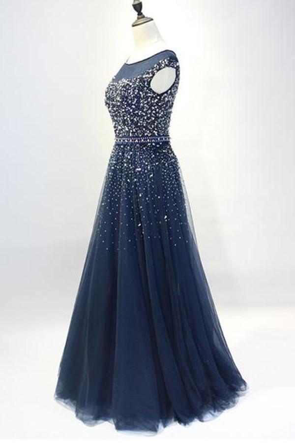 Navy Blue Round Neck Tulle Sequins Full Length Prom Dresses PSK101 - Pgmdress