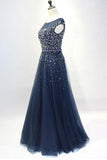 Navy Blue Round Neck Tulle Sequins Full Length Prom Dresses PSK101 - Pgmdress