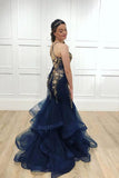 Navy Tulle Gold Beaded Spaghetti Straps Mermaid Prom Dress PSK023 - Pgmdress