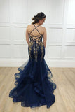 Navy Tulle Gold Beaded Spaghetti Straps Mermaid Prom Dress PSK023 - Pgmdress