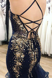 Navy Tulle Gold Beaded Spaghetti Straps Mermaid Prom Dress PSK023 - Pgmdress