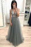 New A Line V Neck Grey Prom Dresses Beaded Sequins Prom Dress  PM204