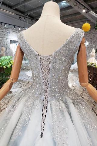 New Arrival Wedding Dresses V Neck Lace Up Beading Prom Dress Tulle PM245 - Pgmdress