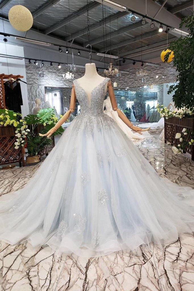 New Arrival Wedding Dresses V Neck Lace Up Beading Prom Dress Tulle PM245 - Pgmdress
