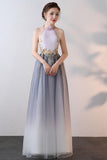 New Style A-line High Neck Tulle Prom Dresses With Applique PG626