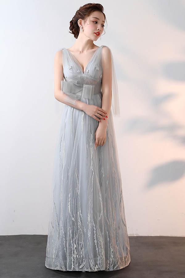 New Style A-line V Neck Tulle Prom Dresses With Applique PG627 - Pgmdress