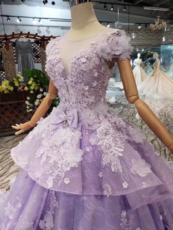 Elegant Lavender Cascading Ruffles Satin Prom Dresses 2024 Ball Gown  Off-The-Shoulder Short Sleeve Backless Sweep Train Prom Formal Dresses