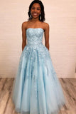 New Style Light Blue Strapless Long Prom Dress with Lace Appliques PM223