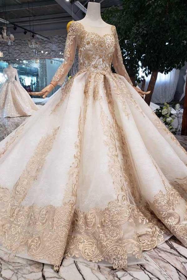 New Style Long Sleeves Tulle Ball Gown Prom Dresses With Lace Applique PG983 - Pgmdress