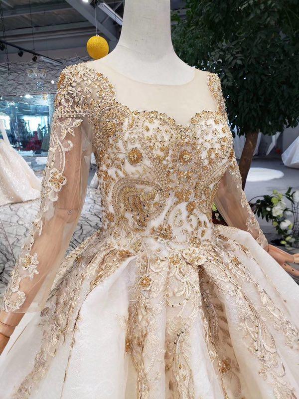 Flowy Gold Tulle Long Prom Dress with Bubble Sleeves - $140.688 #P74168 