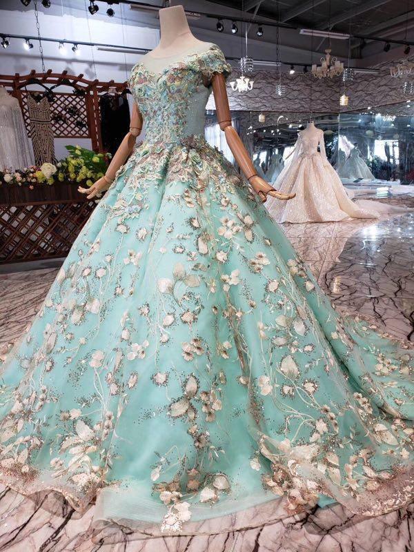 New Style Off The Shoulder Tulle Ball Gown Prom Dresses With Lace Applique PG982 - Pgmdress