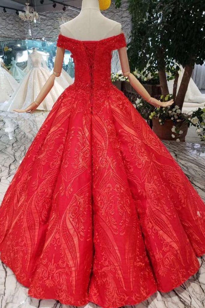 New Style Red Ball Gown Off The Shoulder Prom Dresses With Beading PM216 - Pgmdress