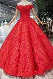New Style Red Ball Gown Off The Shoulder Prom Dresses With Beading  PM216