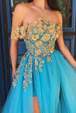 Schulterfreies Ballkleid mit blauer Spitze und Tüll, langes formelles Kleid PSK044