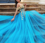 Off Shoulder Blue Lace Tulle Prom Dresses Long Formal Dress PSK044 - Pgmdress