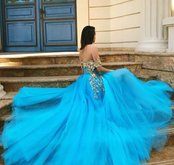 Off Shoulder Blue Lace Tulle Prom Dresses Long Formal Dress PSK044 - Pgmdress