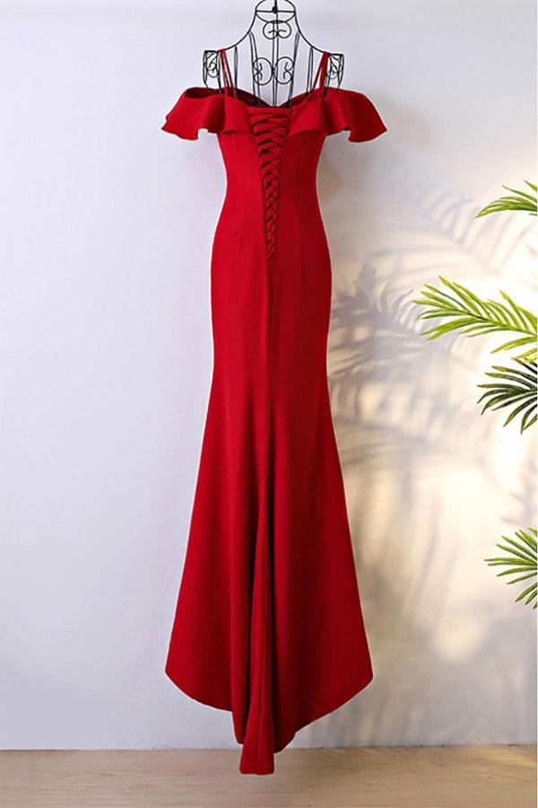 Off Shoulder Classy Long Red Mermaid Prom Dress With Train PG596 - Pgmdress