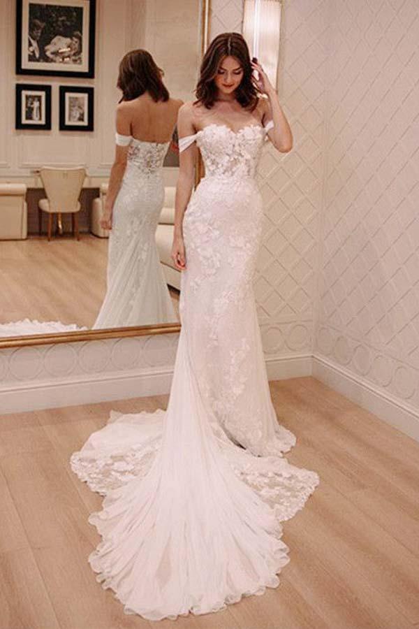 Off Shoulder Court Train Chiffon Wedding Dress with Lace Appliques WD220 - Pgmdress