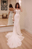 Off Shoulder Court Train Chiffon Wedding Dress with Lace Appliques WD220