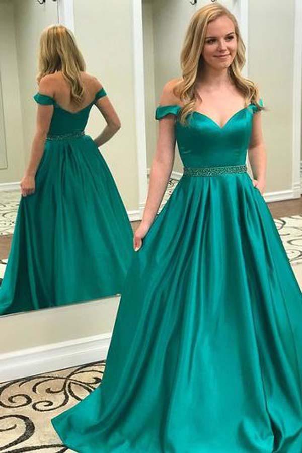 Off Shoulder Emerald Green A-line Long Evening Prom Dresses PG580 - Pgmdress