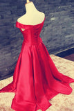 Off Shoulder Floor Length Satin Red Prom/Evening Dress With Belt PG300 - Pgmdress