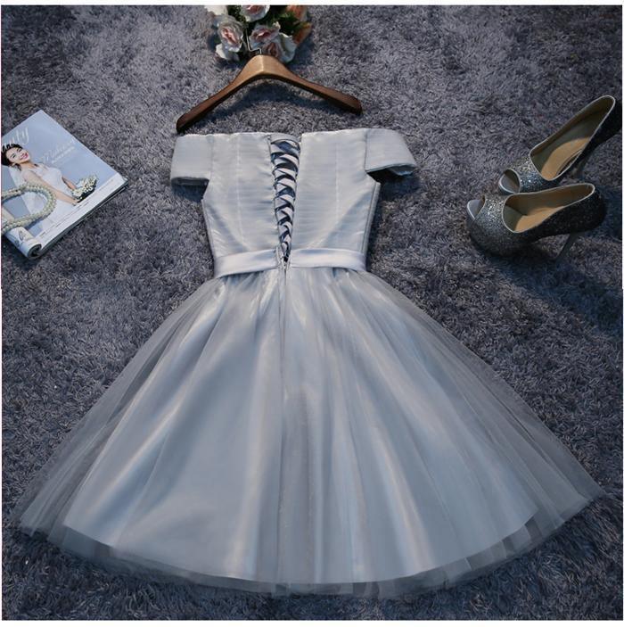 Off Shoulder Grey Tulle Short Prom Dresses Homecoming Dresses PD111- Pgmdress