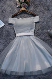 Off Shoulder Grey Tulle Short Prom Dresses Homecoming Dresses PD111